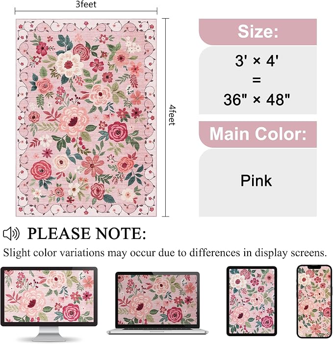 DUKINO 3x4 Area Rug, Lightweight Non Slip Washable Floral Rug, Indoor Low Pile & Non-Shedding Boho Design Carpets for Bedroom, Kitchen, Dining Room, Pink