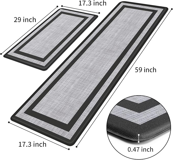 Mattitude Kitchen Mats Set of 2 Cushioned Rugs 0.47 inch Thick Anti-Fatigue Mats for Kitchen Floor,Waterproof Non-Slip Mats and Rugs Set for Office,Floor,Laundry 17.3"×29"+17.3"×59",Black