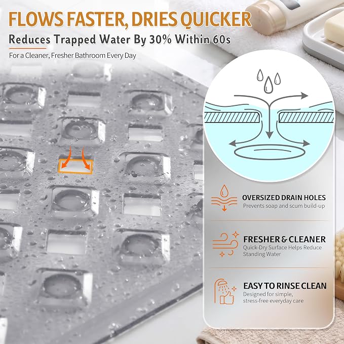 Yimobra Bathtub Mat Non Slip, 35"X16" Shower Mat with Strong Suction Cups & Drain Holes, Long Anti Slip Bath Tub Mat for Inside Shower, Machine Washable Fast Drying, Bathroom Essentials,Clear Gray