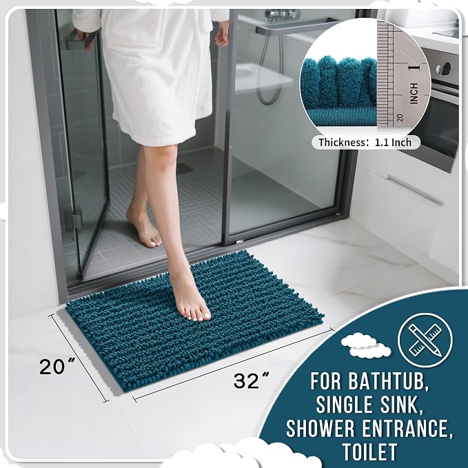 Yimobra Bathroom Rugs Non Slip Washable 32x20 Inch - Ultra Soft Absorbent Chenille Bath Mat, Quick Dry Shaggy Floor Carpet for Tub Shower, Peacock Blue Home Decor Accessories