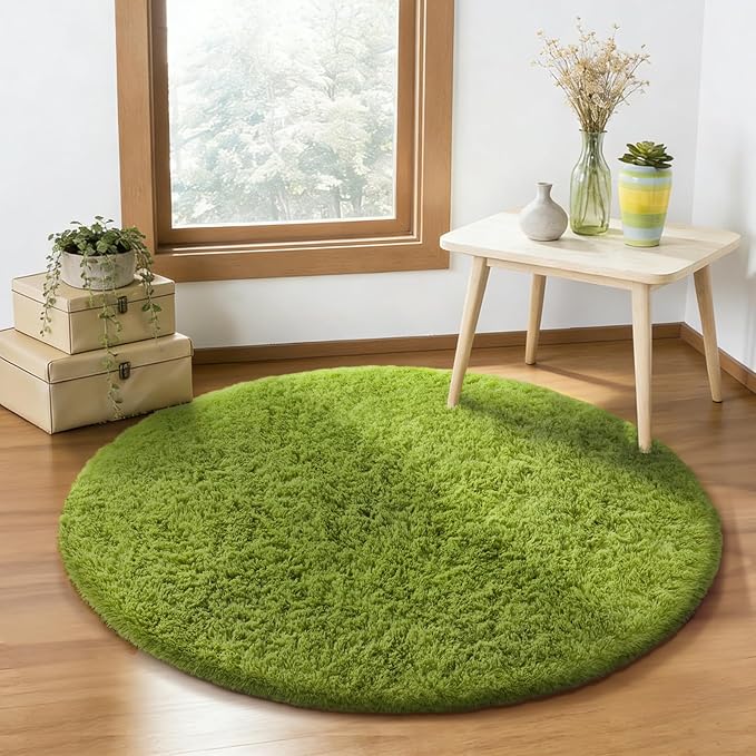 Ophanie Round Rug 4Ft Green Circle Area Rug, Green Room Decor, Fluffy Fuzzy Bedroom Carpet, Plush Soft Shaggy Living Room Rugs for Kids Home Decor Aesthetic, Nursery