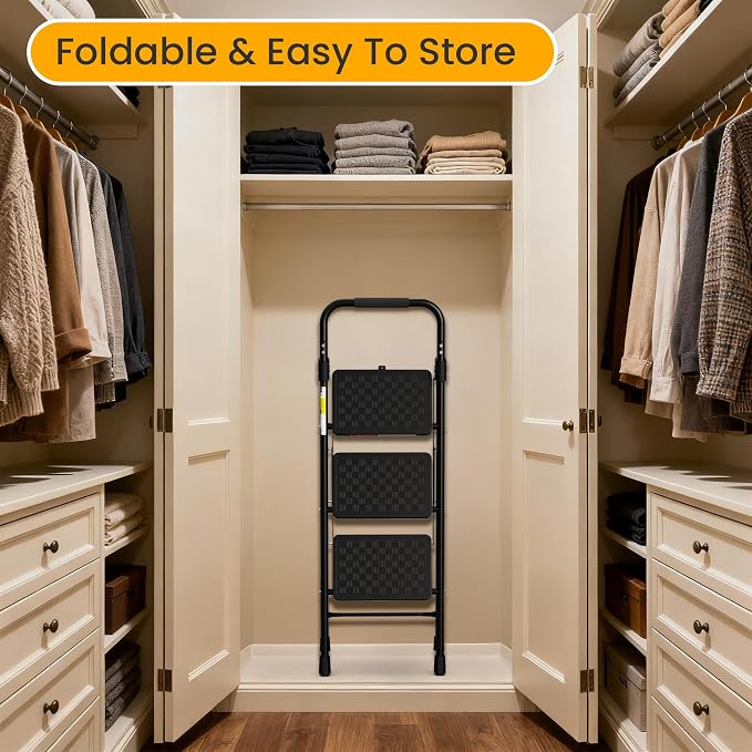 HBTower 3 Step Ladder, Folding Step Stool with Wide Anti-Slip Pedal, Step Stool Foldable with Cushioned Handle for Home and Kitchen, Black