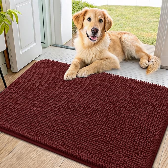 Smiry Dog Door Mat for Muddy Paws 36x24, Absorbent Dirt Trapper, Non-Slip Washable Chenille Entryway Rug for Inside Floor, Caramel Russet, Classic Solid