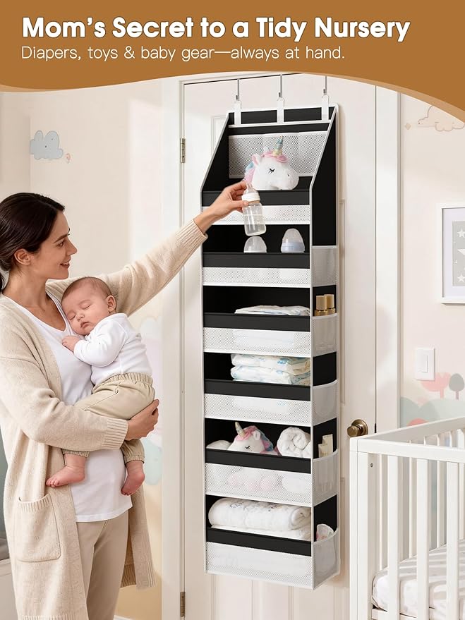 Criusia 2 Pack Over the Door Organizer, Heavy-Duty 6-Shelf Hanging Storage with 13 Mesh Pockets, 55lbs Capacity Behind the Door Storage for Nursery, Bathroom, Bedroom, and Dorm, Black