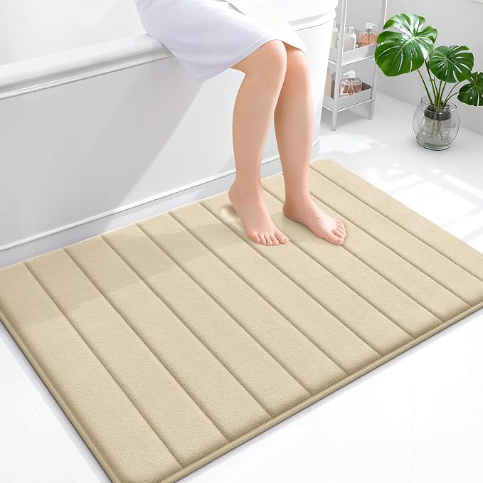 OLANLY Memory Foam Bath Mat 44x32, Super Soft Absorbent Bathroom Rugs, Quick Dry, Machine Washable Shower Floor Rugs, Bathmat Carpet, Bathroom Home Decor Accessories, Beige