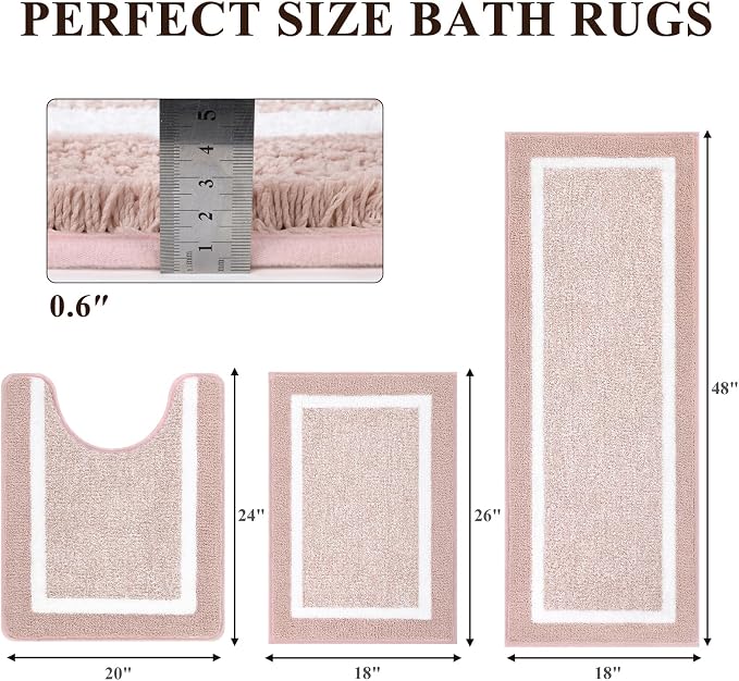 Pauwer 3 Piece Bath Mat Set, Non Slip Plush Rugs, Absorbent Shaggy Set With U-Shaped Contour Toilet Mat for Bathroom, Bedroom, Living Room - Dusty Pink
