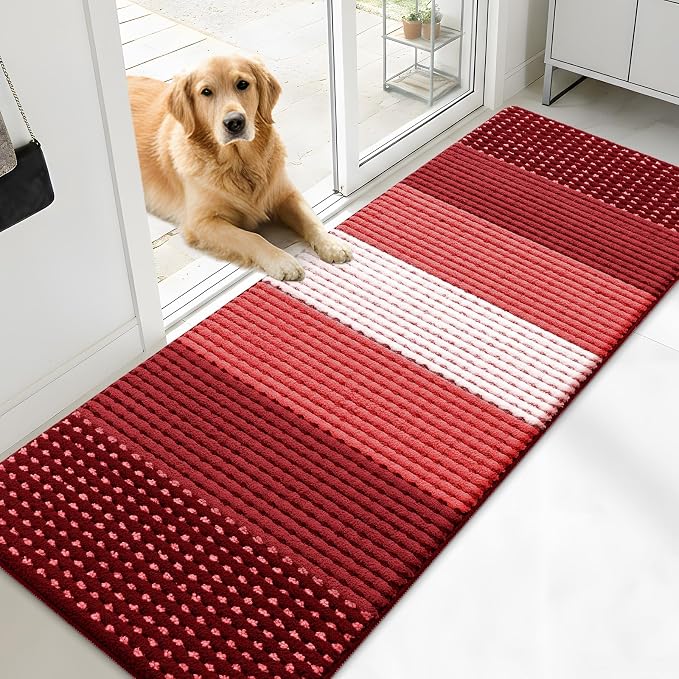 Kitinjoy Indoor Outdoor Door Mat, 71x24 Non-Slip Absorbent Dirt Trapper, Low-Profile Washable Inside Entrance Front Floor Mat, Sturdy Soft Entry Dotted Ombre Doormats for Entryway, Burgundy