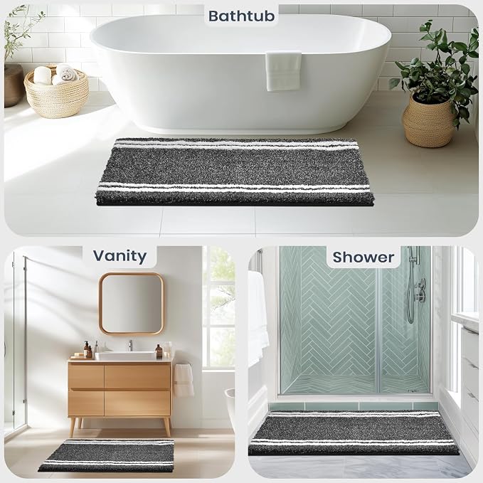 PURRUGS Bathroom Rug Non-Slip Machine Washable 30" x 60", Super Absorbent and Quick Dry Shaggy Microfiber Bath Mat, Extra Soft and Plush Bath Rug for Bathtub, Shower, and Sink, Charcoal