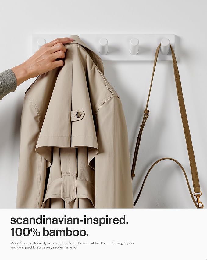 LARHN Wall Mounted Coat Rack, White with 5 Heavy-Duty 1" Diameter Hooks (2-Pack), 16.5" - Wall Hook Rack - Modern Scandinavian Home Decor