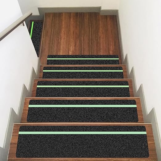 10 Pack 6” x 30” Anti Slip Traction Treads with Glow in The Dark Stripe, Outdoor Waterproof Non Skid Pre-Cut Tape with Roller, High Traction Friction Abrasive Adhesive for Stairs Step