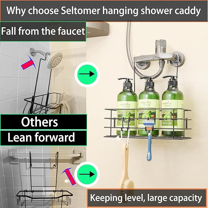 Shower Caddy Hanging Shower Orangizer Stainless Steel Shower Rack with Hooks Over The Door, Shampoo Basket Storage (Black)