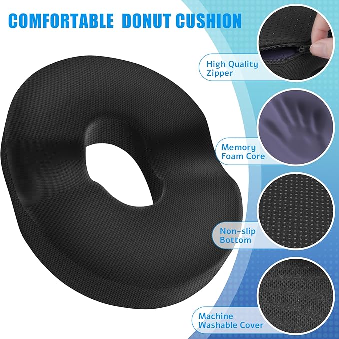 BlissTrends Donut Pillow Seat Cushion, Donut Chair Cushions for Postpartum Pregnancy & Hemorrhoids, Tailbone Pain Relief Cushion, Memory Foam Lifting Cushions for Office & home Chairs (Black, X-Large)