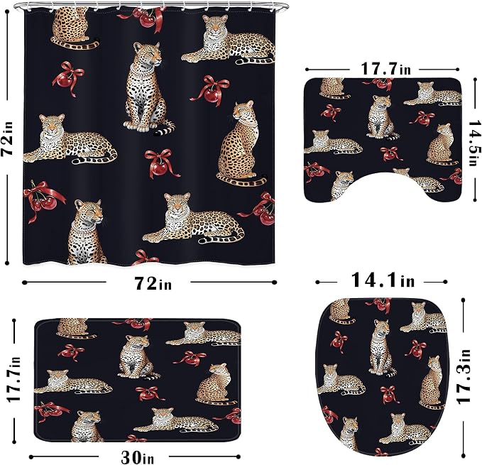 4 PCS Leopard Shower Curtain Set 72Wx72H,Toilet Lid Cover,Non-Slip Rugs and U-Shaped Mat,Cherry Bows Girly Wild Bathroom Sets with Rugs Shower Accessories 12 Hooks for Bathroom Decor