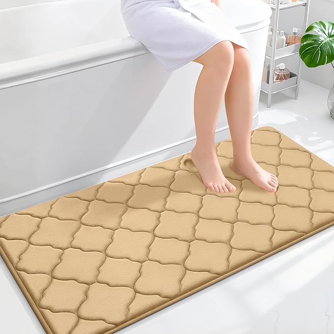OLANLY Memory Foam Bath Mat Rug 47x24, Ultra Soft and Absorbent Bathroom Rugs, Non-Slip, Comfortable, Machine Washable Bath Carpet for Bathroom Floor, Tub, Shower and Home Decor Accessories, Beige