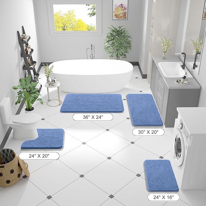OLANLY Bathroom Runner Rugs 70x24, Soft Absorbent Chenille Bath Rugs, Rubber Backing Quick Dry, Machine Washable Long Bath Mats for Bathroom, Tub and Shower, Home Decor Accessories, Cornflower Blue
