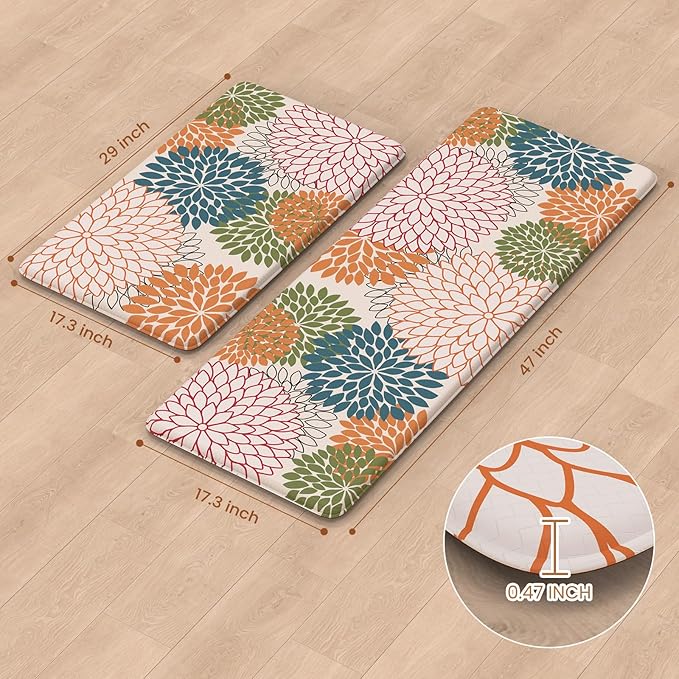 Kitchen Rugs and Mats Cushioned Anti Fatigue Kitchen Mat 2PCS Non-Skid Waterproof Kitchen Runner Rug Comfort Foam Standing Mat for Floors,Office,Laundry,Sink,Floral
