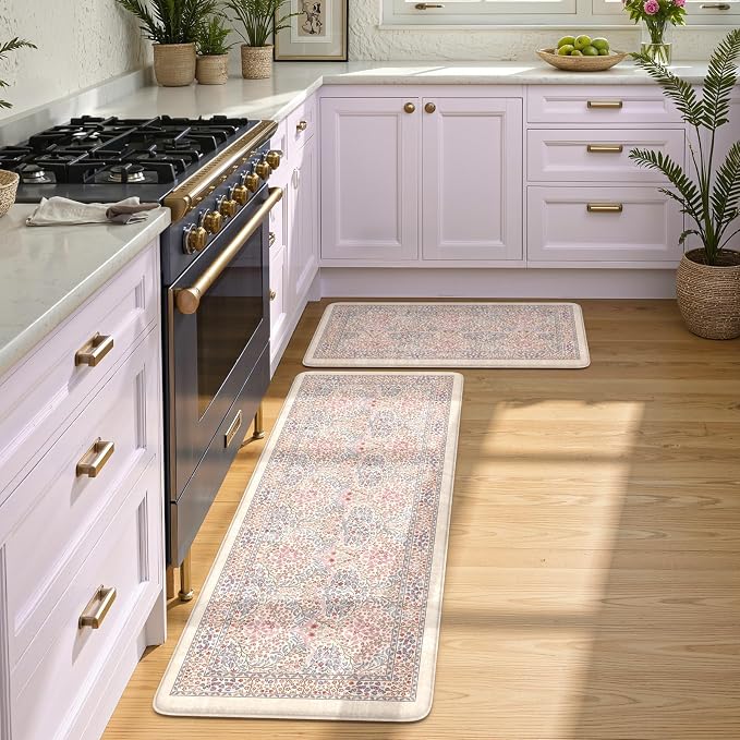 Collive Anti Fatigue Mats for Kitchen Floor, Cushioned Comfort Kitchen Rugs Sets of 2 Waterproof Non Skid Padded Sink Rugs, Pink/Blue Floral Rug Standing Mat for Laundry, Home Office Decor
