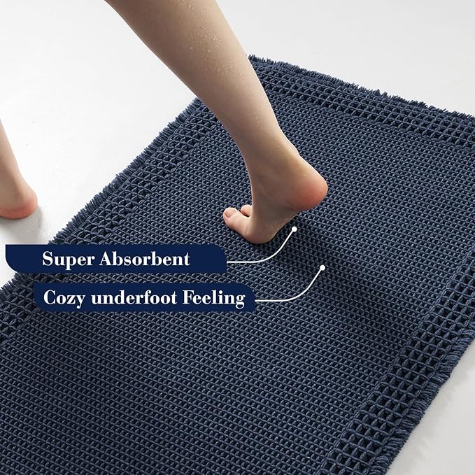 RESARE Waffle Bath Mat for Bathroom, Super Absorbent Bathroom Rugs Non Slip Machine Washable, Ultra Soft Quick Dry Boho Bath Rugs with Tassels, Farmhouse Home Decor Accessories, 24"x36" Navy