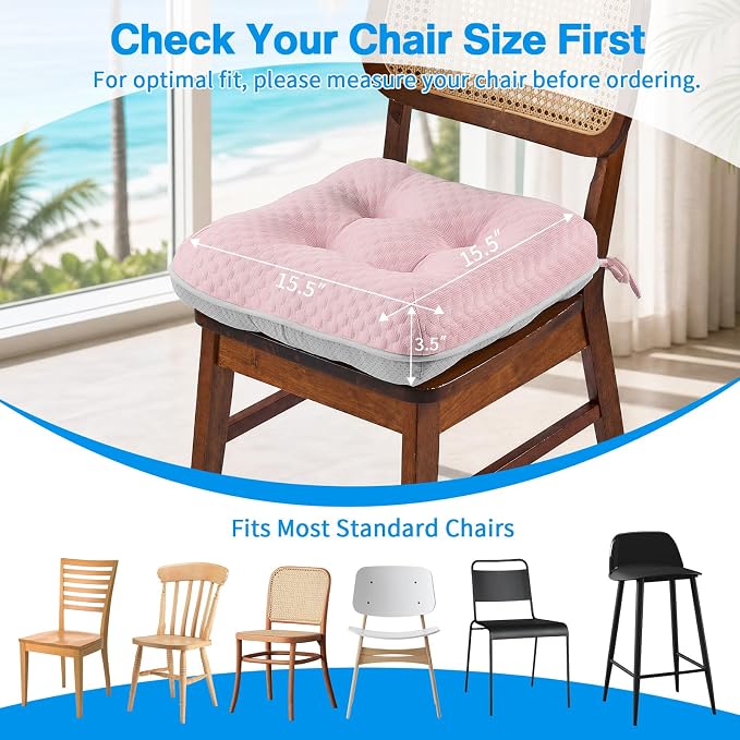 BETU Chair Cushions for Dining Chairs Set of 6,Seat Cushion Kitchen Table Chair Pads with Ties,Non Slip Backing and Covers, Seat Cushions for Dining Room,Bar,Patio Chairs,15.5"X15.5"X3.5",Pink