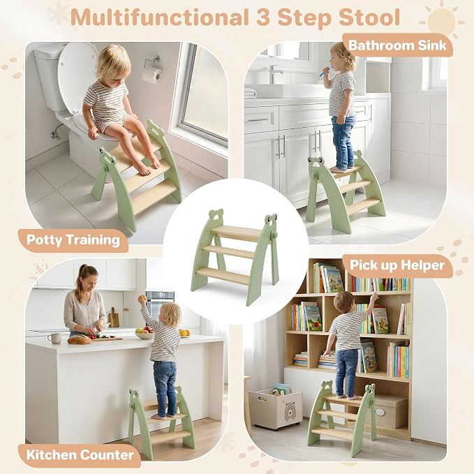 Wooden Step Stool for Toddlers, 3 Foldable Step Stool for Kids Bathroom Sink & Potty Training, Bamboo Toddler Stool with Green Frog Handles and Non-Slip Pads for Bedroom, Kitchen Helper