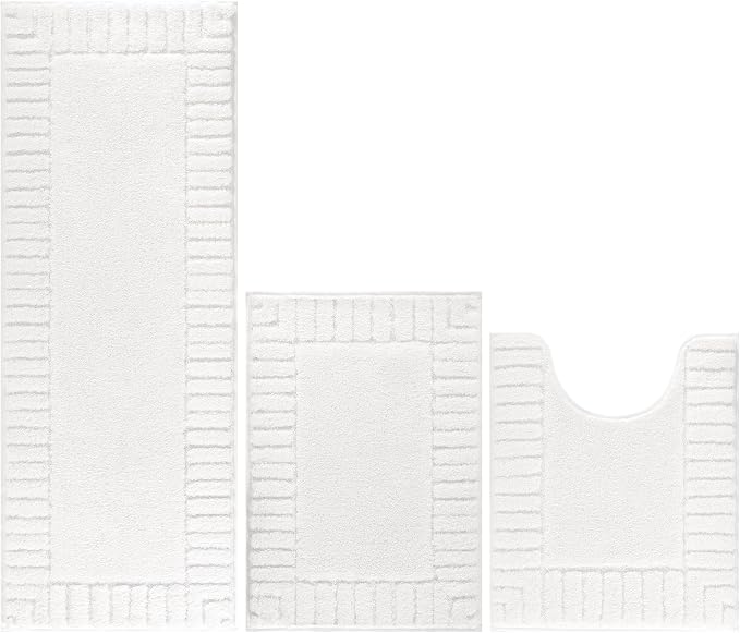Pauwer Bathroom Rugs Sets 3 Piece Bathroom Shower Rugs with U-Shaped Contour Toilet Mat Absorbent Microfiber Plush Bath Mats Non Slip Bath Rug Machine Washable Shaggy Bath Mat Set, White
