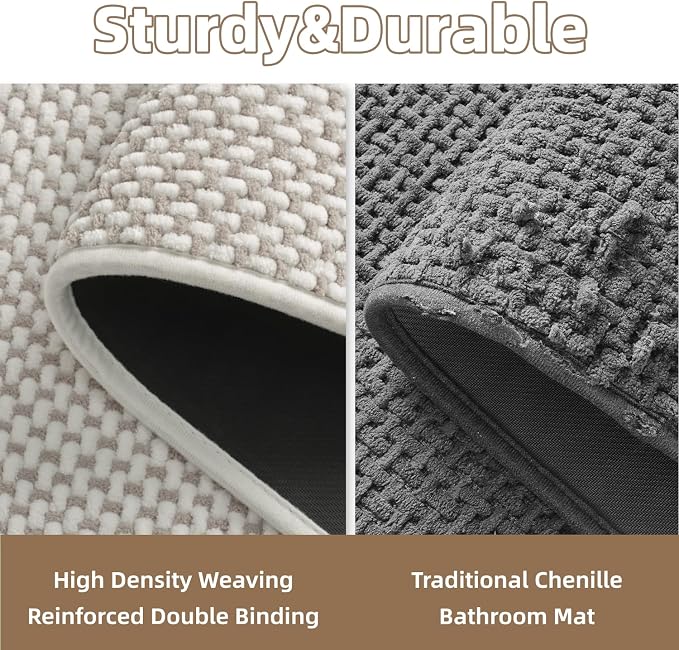 PADOOR-Bath Mat Runner-Super Absorbent Chenille Bathroom Mats-Rubber Backed Bath Mats for Bathroom Non Slip, Easy Clean Bathroom Runner Rugs Front of Bathtub,Shower Room,Sink-17×59, Beige&Cream