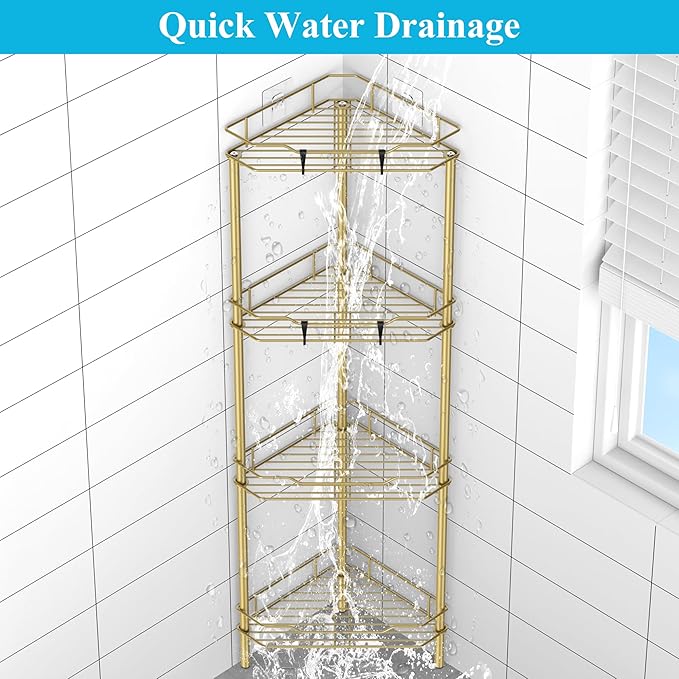 HuggieGems 4 Tier Floor Standing Corner Shower Caddy Organizer Shelf with Hooks, Bathroom Shelves Stand Rack, Gold