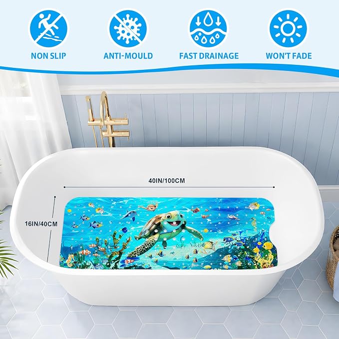 XIYUNTE Baby Bath Mat for Tub Non Slip Kids Bath Mat - 40''x16'' Extra Long Cartoon Bathtub Mat Non Slip Kids Shower Mat Eco-Friendly Toddler Bath Mats with Suction Cups, Machine Washable