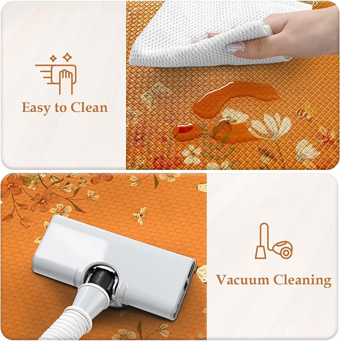 KIMODE Anti Fatigue Kitchen Mats Cushioned, Boho Floral Kitchen Rugs Sets of 2, Fall Kitchen Mat for Floor, Memory Foam Standing Desk Mat for Laundry Office Sink Desk Orange Halloween 17"x47"+17"x29"