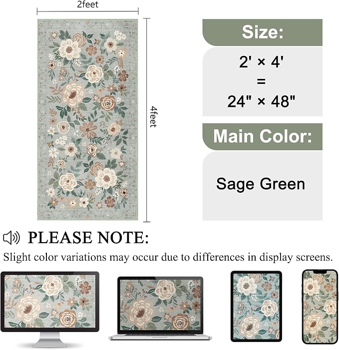 DUKINO 2x4 Rug for Entryway, Washable Kitchen Floral Runner Rug with Non Slip Backing, Low Pile Soft Boho Carpet for Kitchen, Hallway, Entryway, Laundry, Bedroom, Sage Green