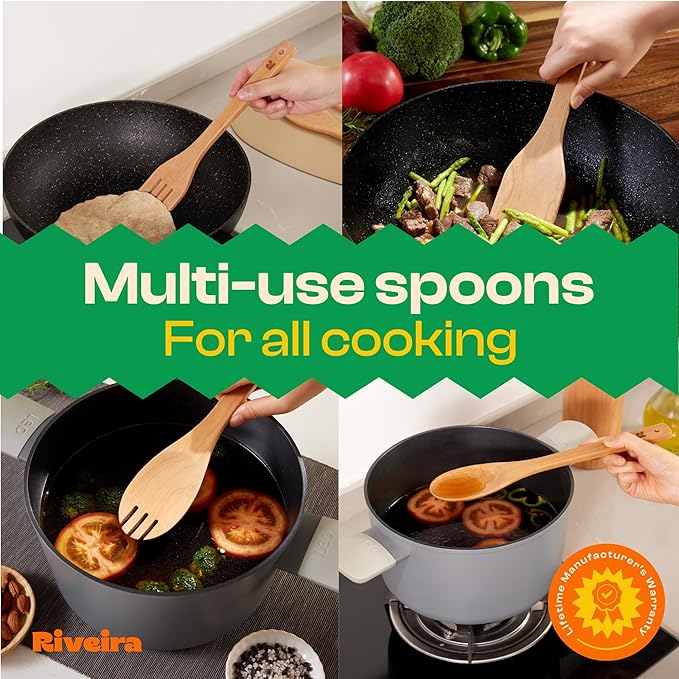 Riveira Cherry Wooden Spoons for Cooking Set of 6 – Natural Cherry Wooden Cooking Utensils, Wooden Spatula, Wooden Spoon - Premium Quality Utensil Set for Non-Toxic Cooking