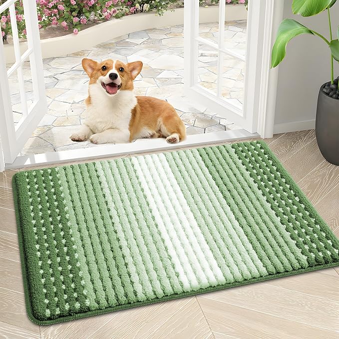 Kitinjoy Indoor Outdoor Door Mat, 30x17 Non-Slip Absorbent Dirt Trapper, Low-Profile Washable Inside Entrance Front Floor Mat, Sturdy Soft Entry Dotted Ombre Doormats for Entryway, Sage Green
