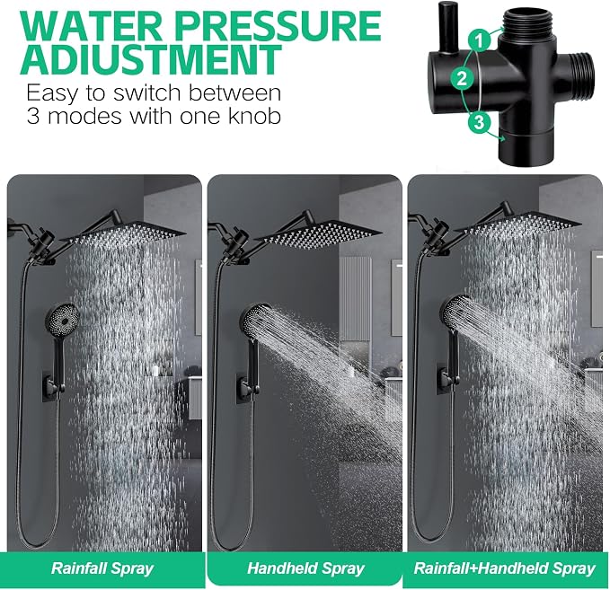 Shower Head,10”Rain Shower Head with Handheld Spray Combo and Adjustable Extension Arm/3-Way Flow Regulator/Shower System,High Pressure Rain Fall Hose,Matt Black