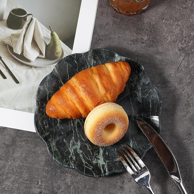 Koville Marble Tray, 8" Round Marble Vanity Tray for Jewelry Trinket Perfume, Natural Stone Tray for Bathroom Kitchen Dresser Countertop, Scalloped Decorative Tray for Home Table Decor(Green)