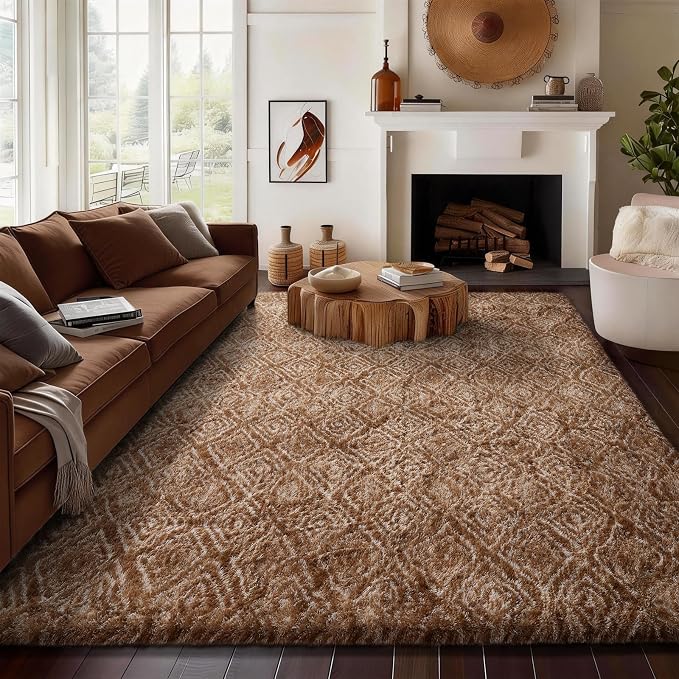 Ophanie 8x10 Brown and White Diamond Striped Rugs for Living Room,Large Fluffy Shag Fuzzy Plush Soft Carpets, Shaggy Rug for Bedroom, Carpet for Kids Boys Girls Dorm Nursery Home Decor Aesthetic