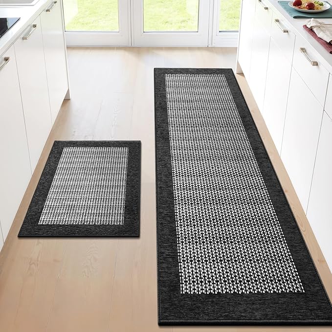 StepRite Kitchen Mats for Floor, Non-Slip Kitchen Rugs Set of 2 PCS, Super Absorbent Washable Kitchen Mats with Rubber Backing, Runner Mats for Front of Sink (20"x32"+20"x72" Black)