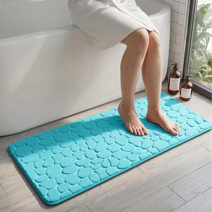 YIHOUSE Memory Foam Runner Rug, Cobblestone Bathroom Runner Rugs Super Water Absorbent Bath Mats for Bathroom Machine Washable Bath Rugs for Hallway Bedroom Laundry Room(20 x 47,Teal)