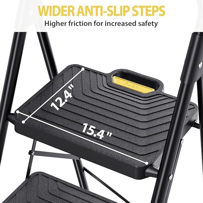 KINGRACK 2 Step Ladder, Sturdy Steel Step Stool with Anti-Slip Wide Pedals, Handrail, Safe-Lock Design, Pass 800lbs Load Testing, Folding Portable Ladder for Multi-Purpose, Home, Kitchen, Black