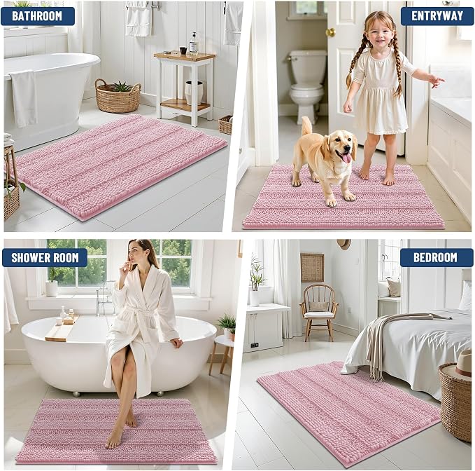 Grandaily Chenille Striped Bathroom Rugs 36x24, Extra Thick and Soft Absorbent Bath Mats, Rubber Backing, Plush Shaggy Shower Carpet, Machine Wash Dry, Bath Rug for Bathroom, Dusty Rose