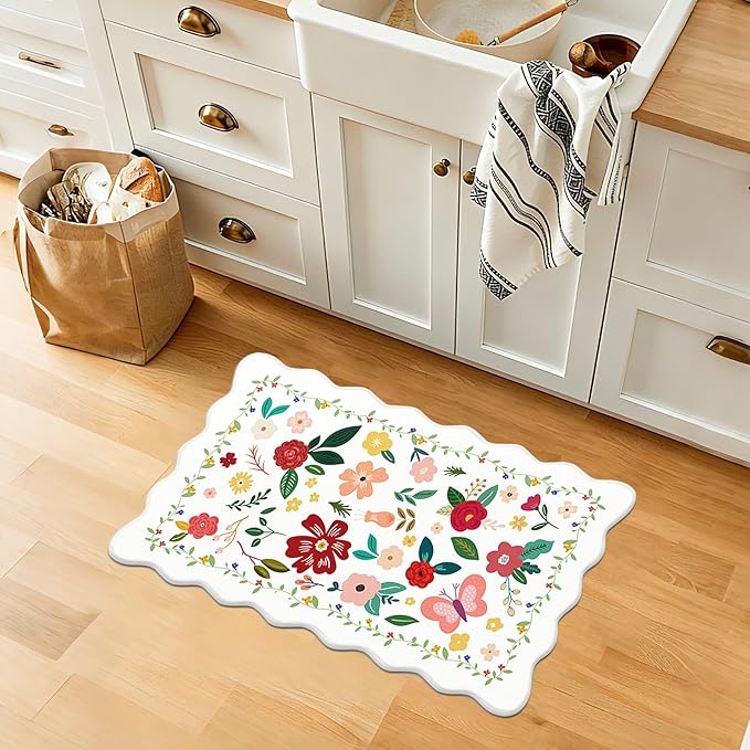 Kitchen Rugs, White Vintage Floral Scalloped Anti Fatigue Mats, Cushioned Non Slip PVC Floor Rugs, Comfort Standing Kitchen Floor Mats for Sink Laundry Office Home, 18x30 Inch