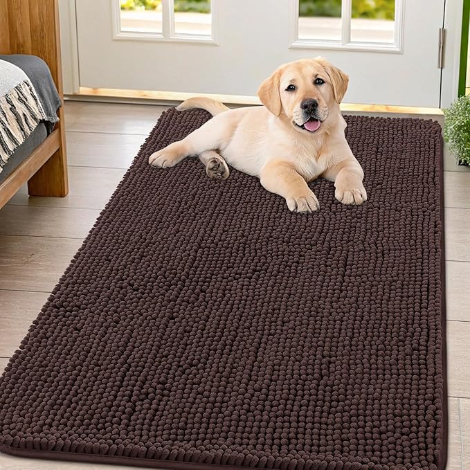 Smiry Dog Door Mat for Muddy Paws 47x32, Absorbent Dirt Trapper, Non-Slip Washable Chenille Entryway Rug for Inside Floor, Brown, Classic Solid