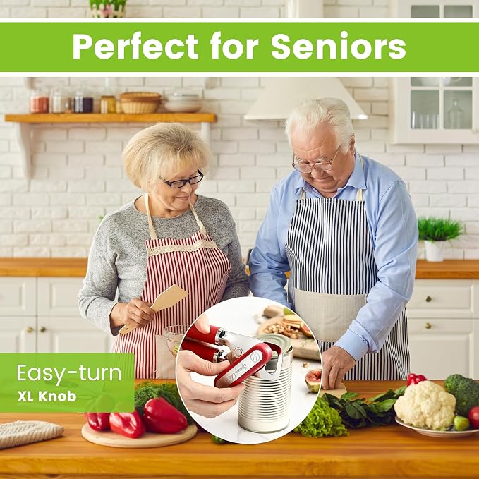 Spring Chef Stainless Steel Can Opener - Manual with Soft Grip Handles, Easy Turn, Heavy Duty Hand Can Opener for Seniors with Smooth Edge - Red