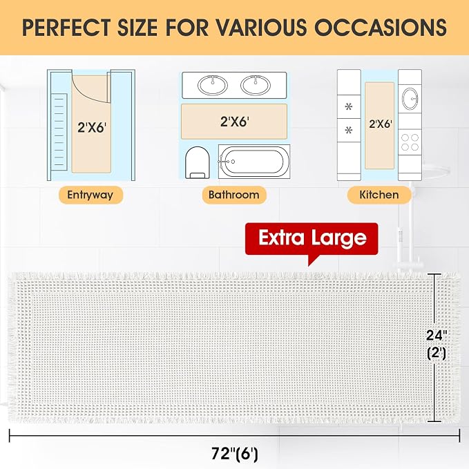 IM HOME Extra Large Waffle Bath Mat, Boho Bathroom Rugs Absorbent Non Slip, Ultra Soft Bathroom Mat, Machine Washable Knit Bath Rugs with Border for Bathroom, Bedroom, Kitchen, Shower, 6'x2', White