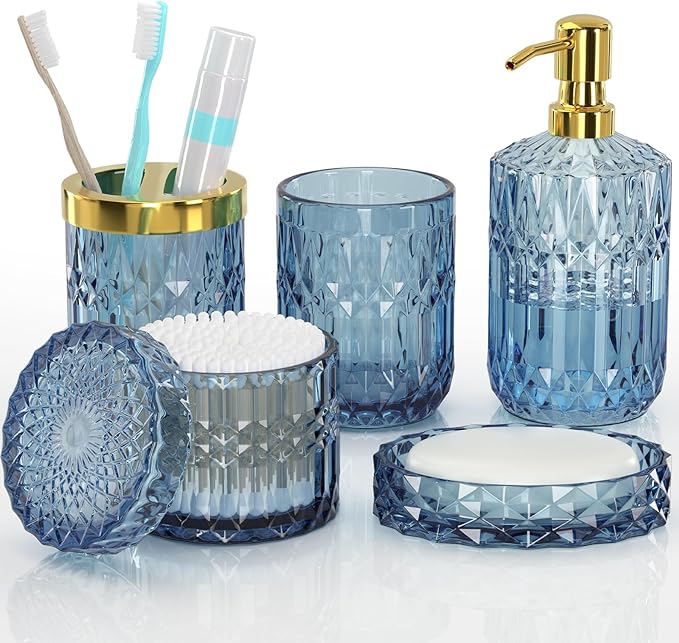 Blue Bathroom Accessories 5 Pcs, Glass Bathroom Accessory Set, Vintage Blue Bathroom Set, Soap Dispenser and Toothbrush Holder Set, Qtip Holder, Bathroom Sets Complete, Modern Bathroom Decor