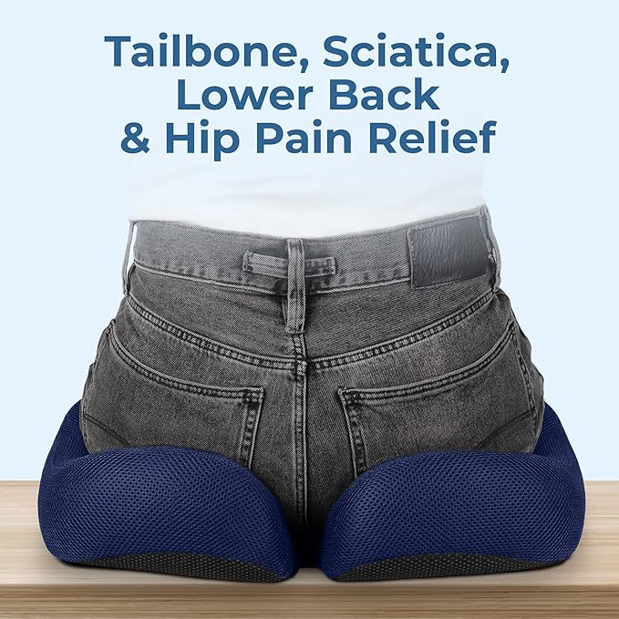 5 STARS UNITED Seat Cushion - Memory Foam Chair Cushion for Tailbone Pain Relief - Ergonomic Support for Coccyx, Sciatica & Butt - Office, Desk & Gaming Chair, Car Seat, Wheelchair, Blue Mesh