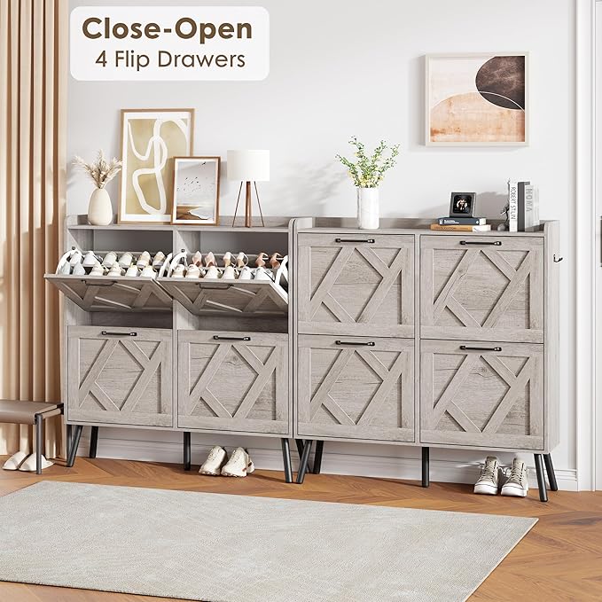 Nicetree Shoe Cabinet with 4 Flip Drawers, Freestanding Shoe Organizer Cabinet, Farmhouse Narrow Shoe Storage Cabinet for Entryway, Foyer, Hallway, Gray