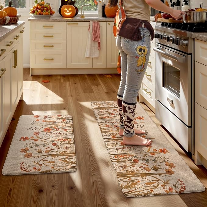 KIMODE Fall Kitchen Mats Cushioned Anti Fatigue, Orange Farmhouse Kitchen Rugs Sets of 2, Non Slip Kitchen Mats for Floor, Padded Kitchen Floor Mats for Sink Laundry Office Desk 17"x47"+17"x29"