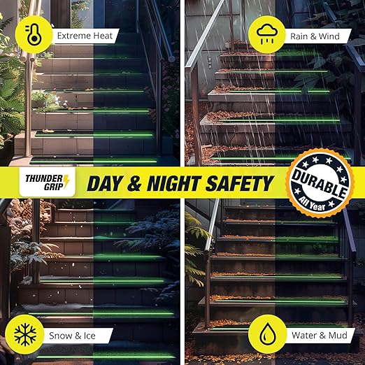 THUNDER GRIP Glow in the Dark 30" x 6"-12-Pack Weather Resistant Outdoor Stair Treads 80-Grit