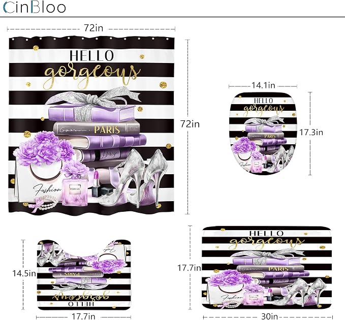 4Pcs Black and Purple Shower Curtain Set,High Heels Perfume Striped Bathroom Curtain with Rug, Toilet Lid Cover, Bath Mat, Modern Floral Flower Magazine Books Shower Curtain with 12 Hooks