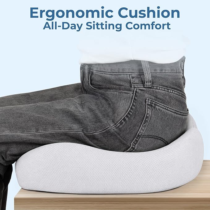 5 STARS UNITED Seat Cushion - Memory Foam Chair Cushion for Tailbone Pain Relief - Ergonomic Support for Coccyx, Sciatica & Butt - Office, Desk & Gaming Chair, Car Seat, Wheelchair, Light Gray Mesh
